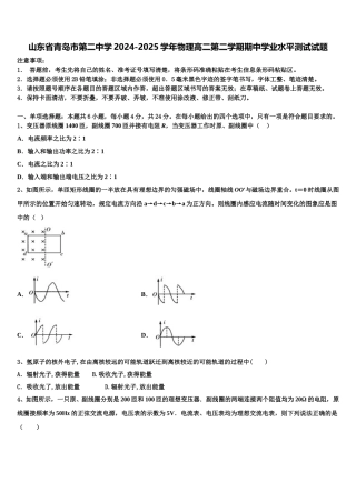 山东省青岛市第二中学2024-2025学年物理高二第二学期期中学业水平测试试题含解析