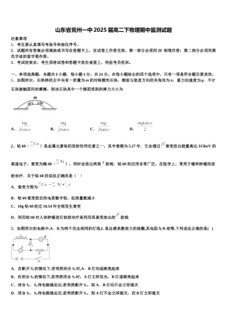 山东省兖州一中2025届高二下物理期中监测试题含解析