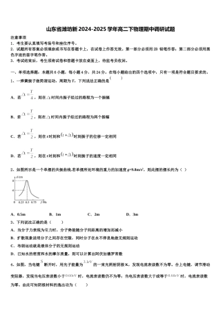 山东省潍坊新2024-2025学年高二下物理期中调研试题含解析