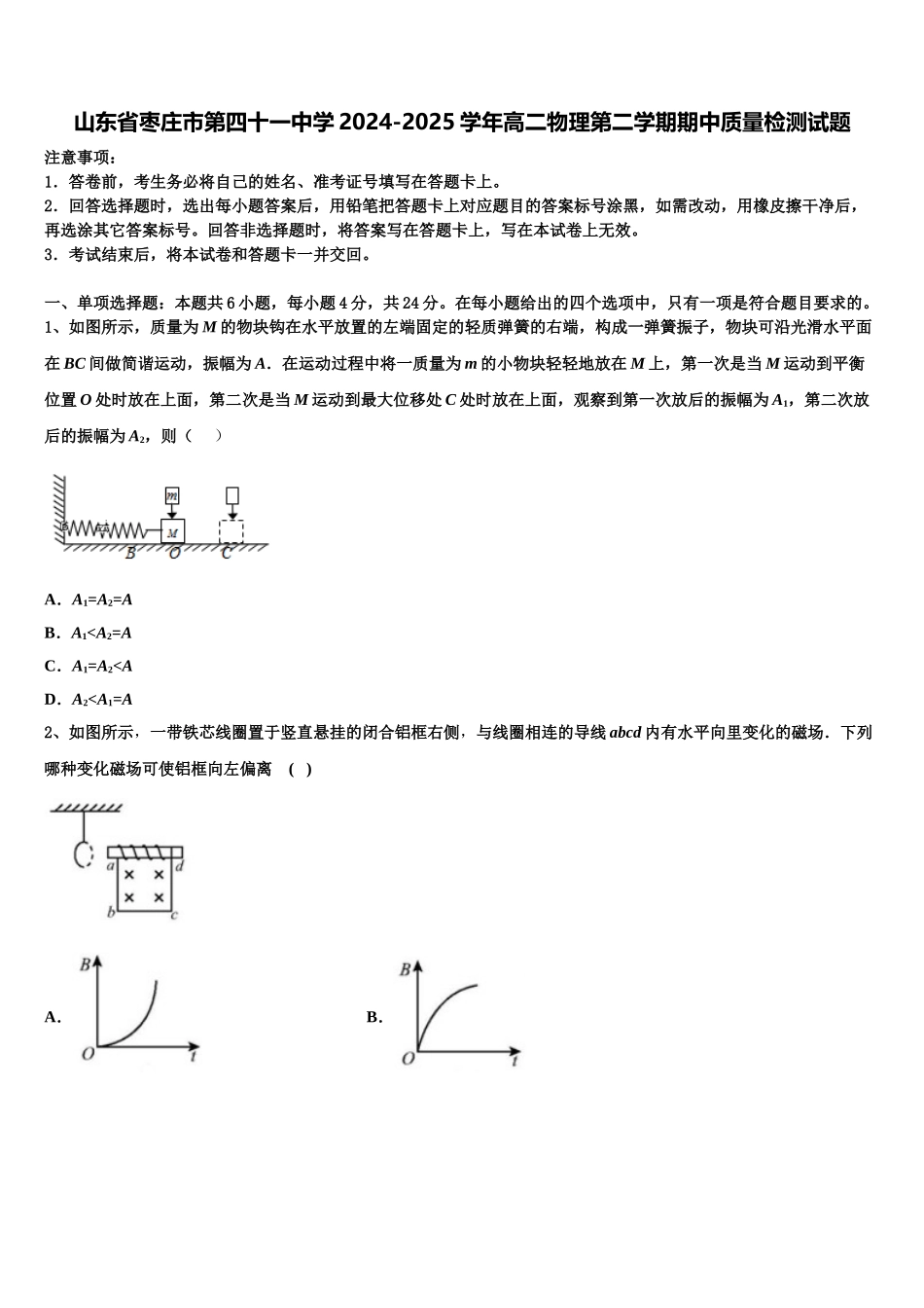 山东省枣庄市第四十一中学2024-2025学年高二物理第二学期期中质量检测试题含解析_第1页