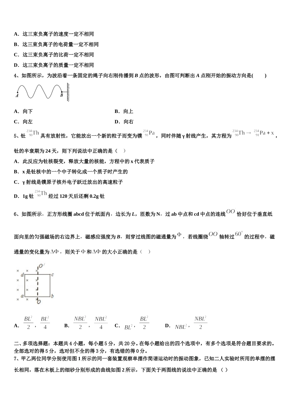 山东省鄄城县第一中学探究部2024-2025学年物理高二第二学期期中联考试题含解析_第2页
