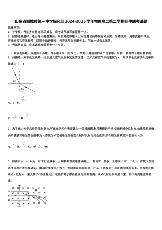 山东省鄄城县第一中学探究部2024-2025学年物理高二第二学期期中联考试题含解析