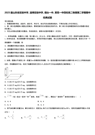 2025届山东省实验中学、淄博实验中学、烟台一中、莱芜一中四校高二物理第二学期期中经典试题含解析