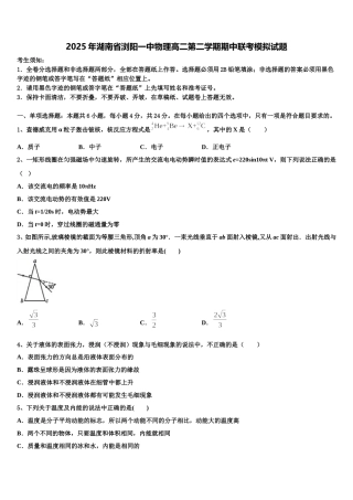 2025年湖南省浏阳一中物理高二第二学期期中联考模拟试题含解析