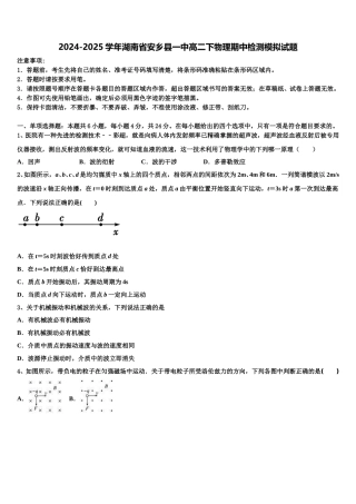 2024-2025学年湖南省安乡县一中高二下物理期中检测模拟试题含解析