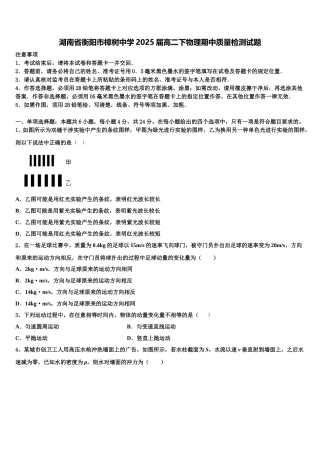 湖南省衡阳市樟树中学2025届高二下物理期中质量检测试题含解析