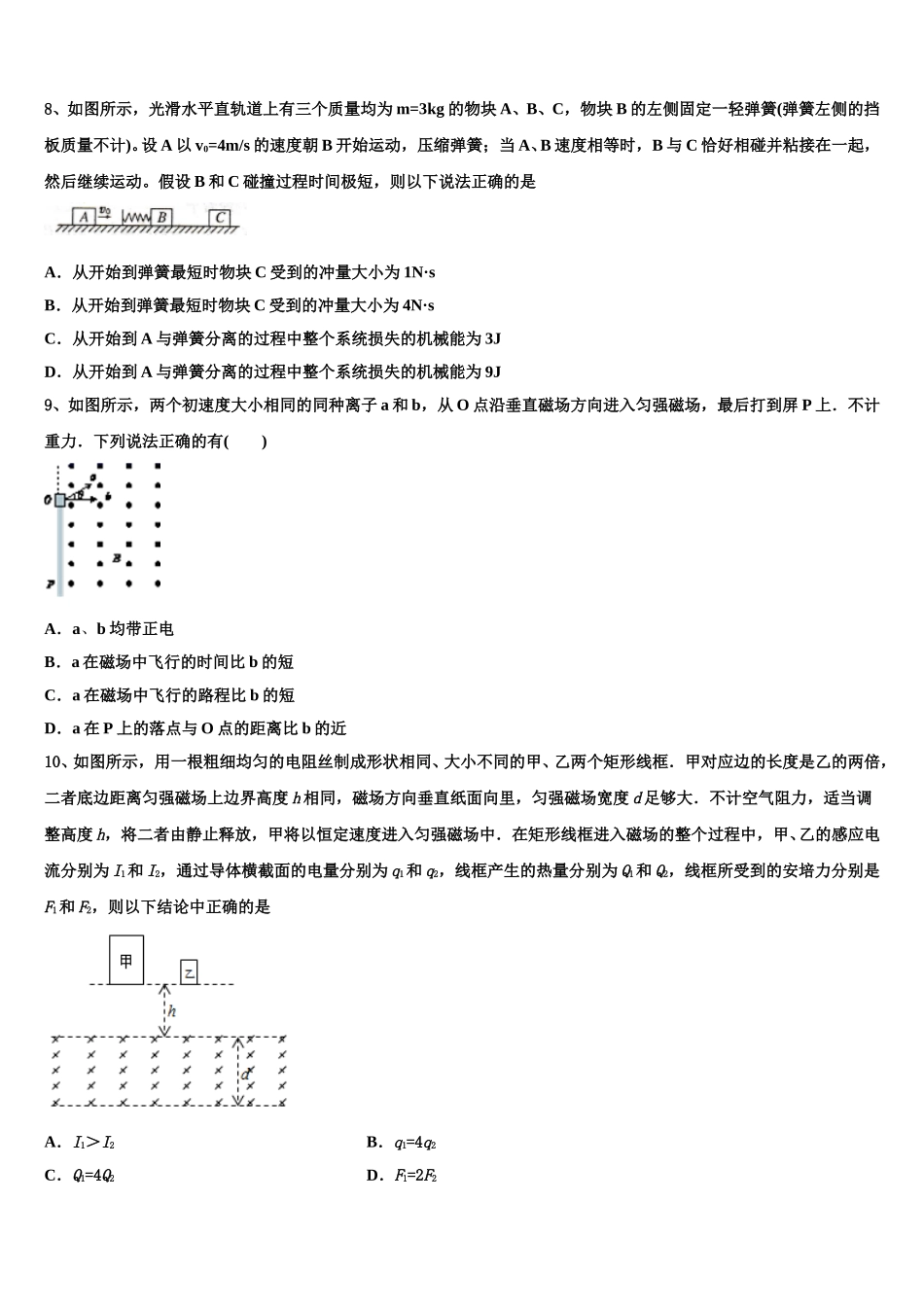 湖南省衡阳市第二十六中学2024-2025学年高二下物理期中检测试题含解析_第3页