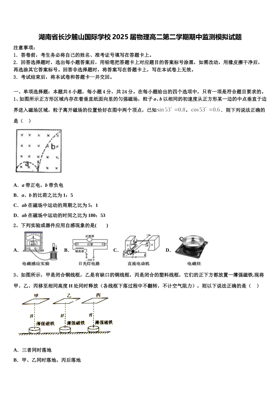 湖南省长沙麓山国际学校2025届物理高二第二学期期中监测模拟试题含解析_第1页