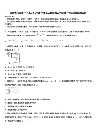 安徽省六安市一中2024-2025学年高二物理第二学期期中学业质量监测试题含解析