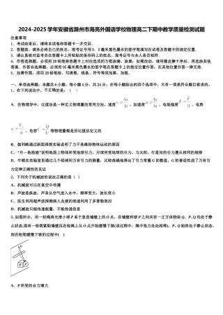 2024-2025学年安徽省滁州市海亮外国语学校物理高二下期中教学质量检测试题含解析