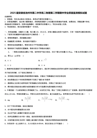 2025届安徽省池州市第二中学高二物理第二学期期中学业质量监测模拟试题含解析