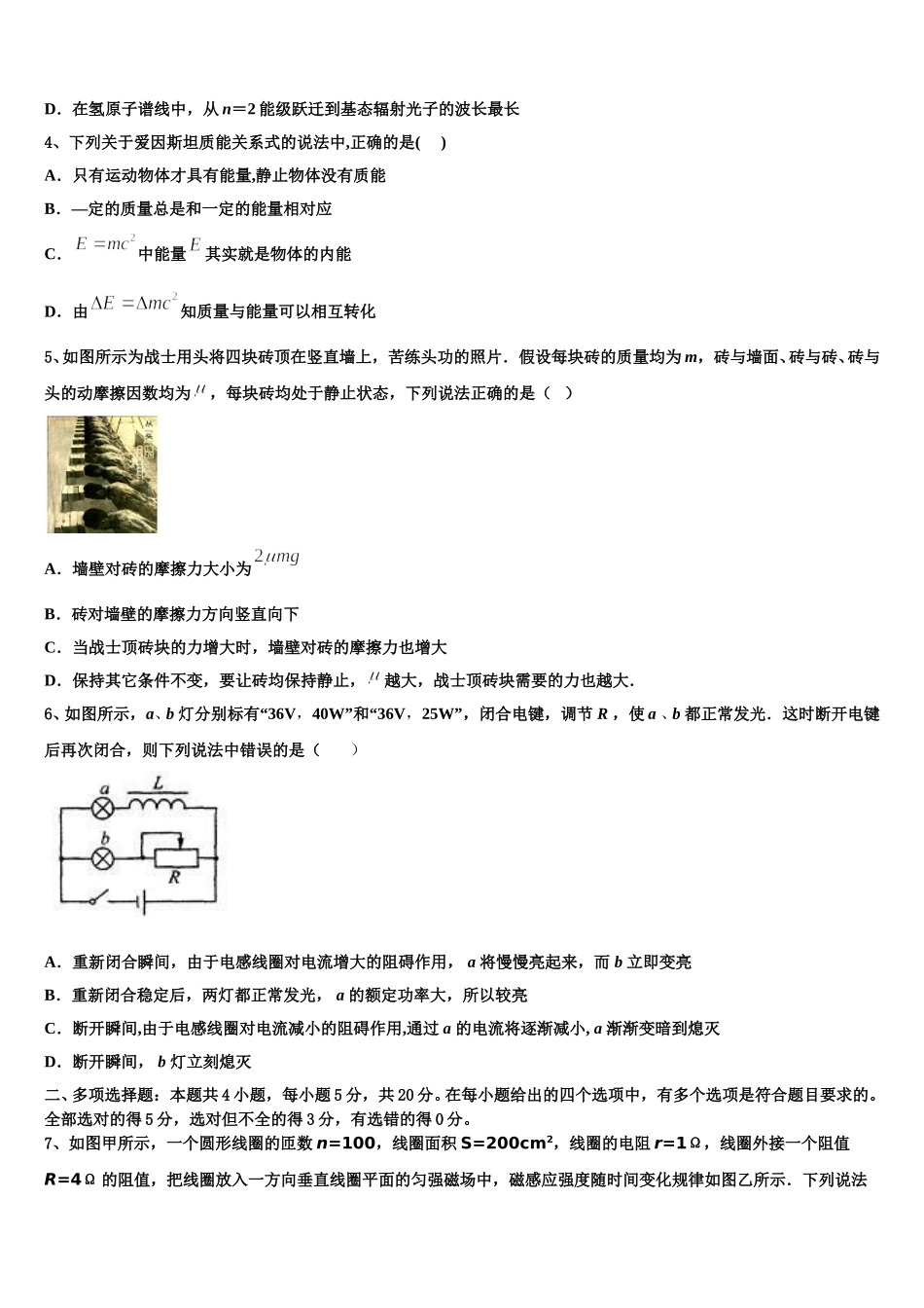 2024-2025学年安徽省太和一中、灵璧中学高二物理第二学期期中质量跟踪监视模拟试题含解析_第2页