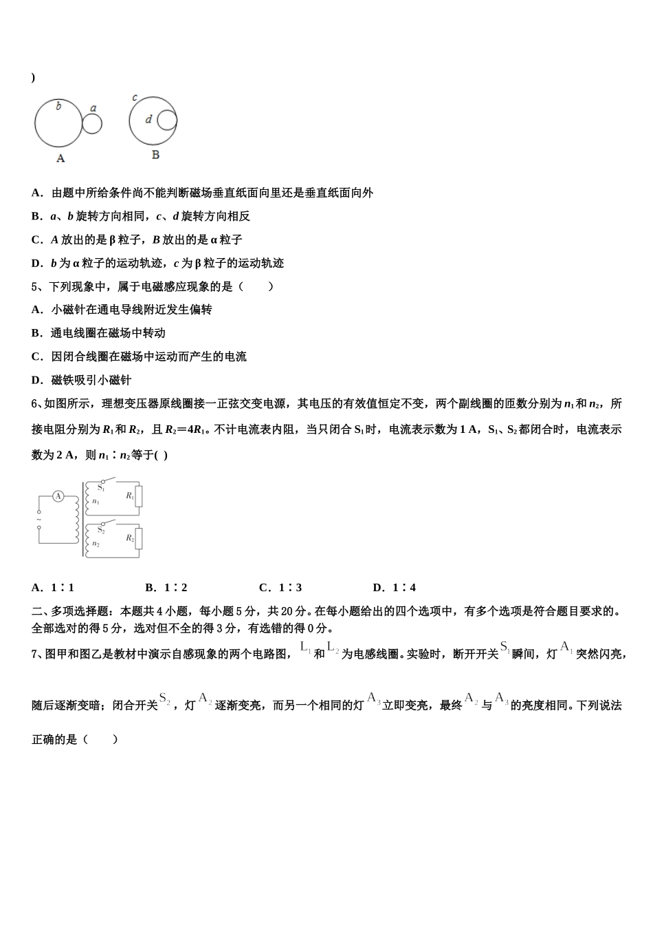 江西省铅山县第一中学2024-2025学年物理高二第二学期期中调研试题含解析_第2页