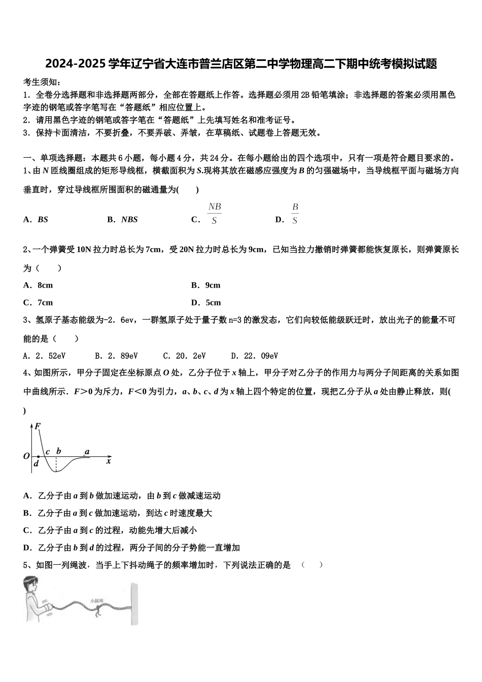 2024-2025学年辽宁省大连市普兰店区第二中学物理高二下期中统考模拟试题含解析_第1页